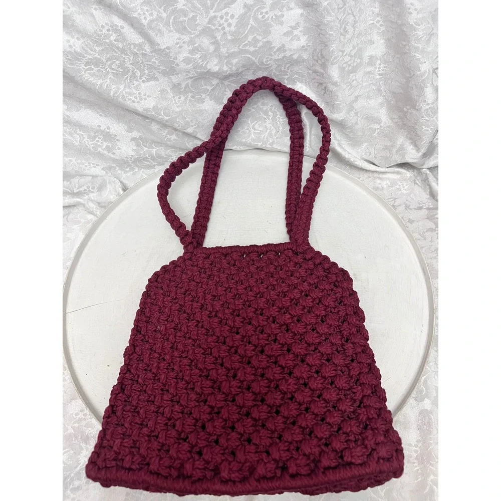 Handmade Burgundy Macrame Tote Bag Boho Lined Shoulder Bag with Pockets Wine